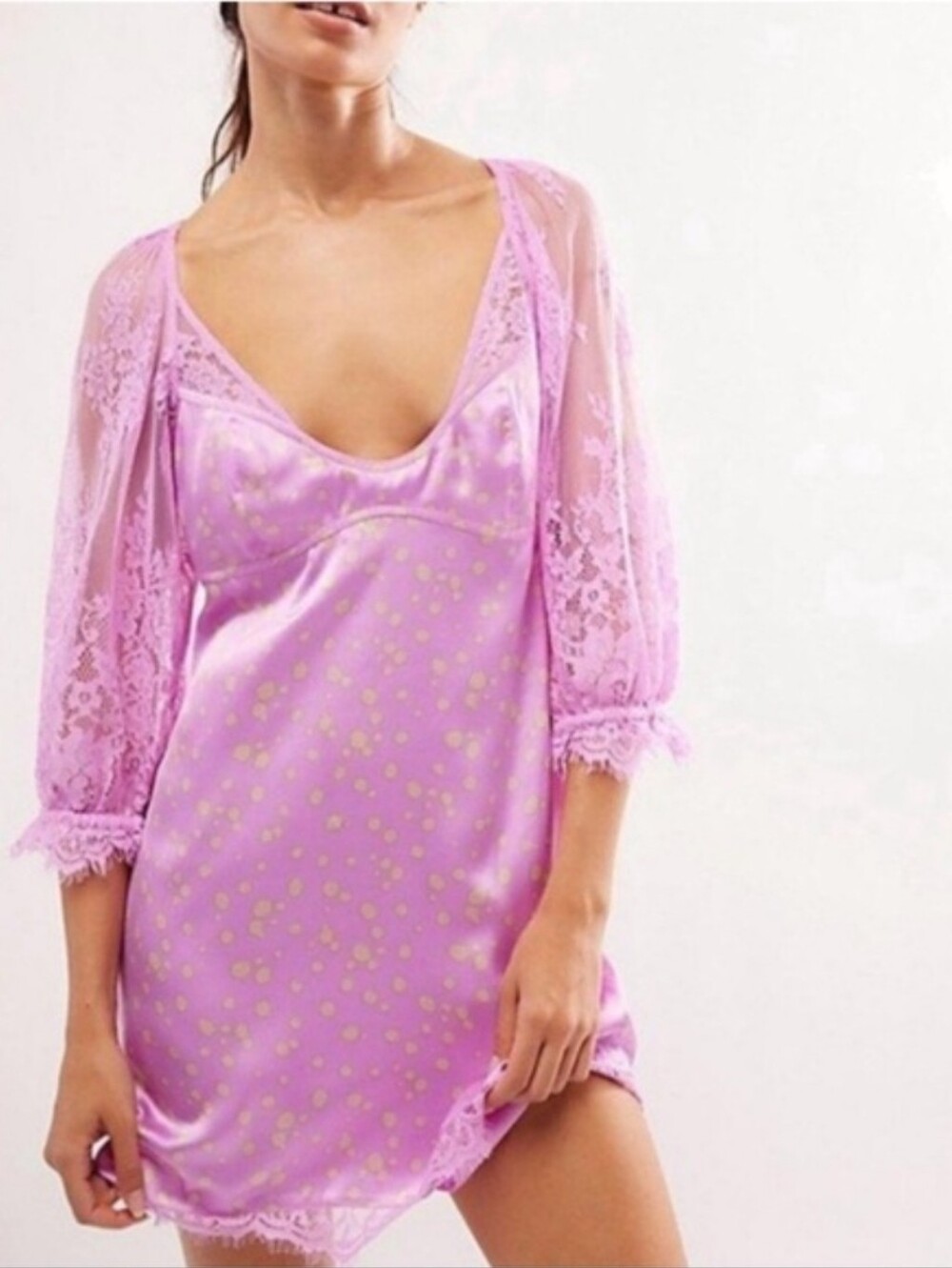 FREE PEOPLE Lace-Trim Satin Chemise Nightdress in Lavender Pink